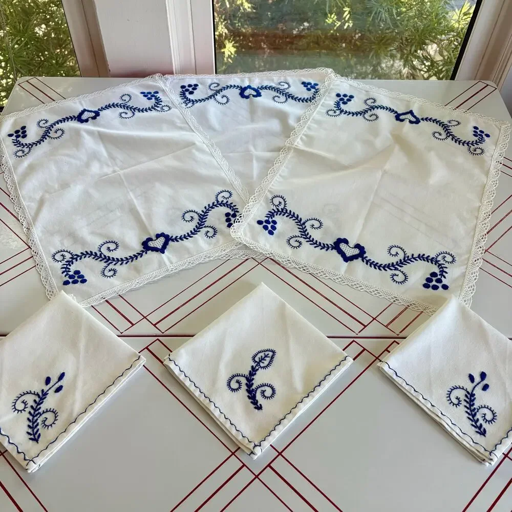 Vintage Portugal White Cotton Placemats Napkins Set Blue Embroidery